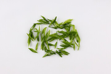 Green Onion Cuts Isolated, Scattered Fresh Chive Pile, Chopped Green Leek, Scallion Greens Pieces Chopped Chives, Spring Onion on White Background Top View