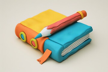 A detailed 3D clay icon of a colorful book and pencil, designed with kid-friendly colors and textures, perfect for educational or children's themed projects