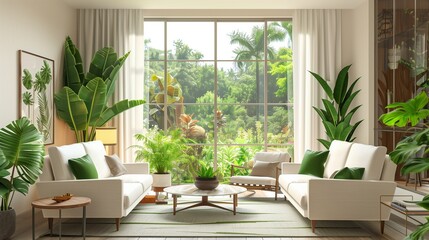 Living room with mid-century modern furniture, green houseplants, and white sofas, highlighted by a large window with a garden view.
