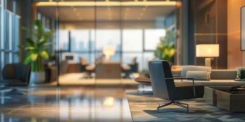 Capture the sophistication of a corporate office setting with a blurred background, showcasing sleek furnishings, polished surfaces, and refined aesthetics.