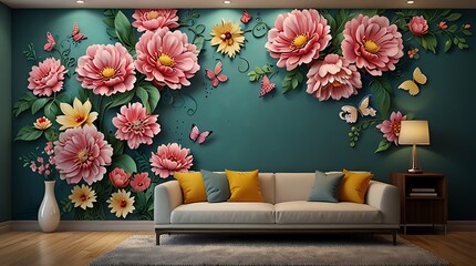 large floral wallpaper mural of pink peonies.