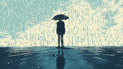A man is standing in the rain with an umbrella. Concept of loneliness and isolation, as the man is alone in the rain. The raindrops on the umbrella and the wet ground create a melancholic atmosphere