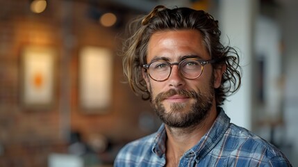 Obraz premium A stylish man with glasses and a beard poses confidently in a casual setting with a blurred background.