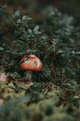 red and white mushroom on green grass with many leaves in background