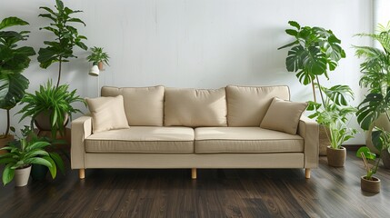 Modern living room with minimalist design, beige sofas, and various green houseplants, complemented by sleek, dark wooden flooring.