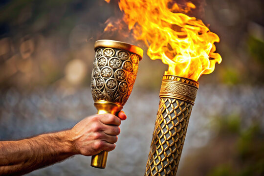 Illustration of a man's hand holding a burning torch with the Olympic flame. Symbol of the Olympic Games.