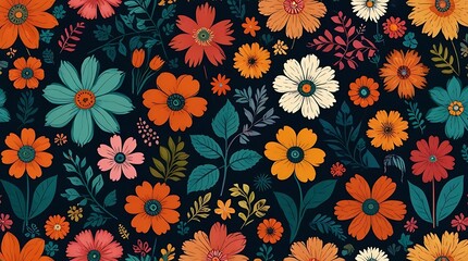  repeating pattern of various flowers and leaves in a retro style