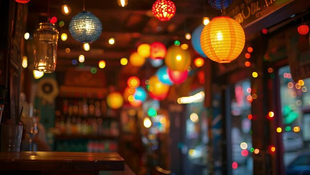 A festive string of paper lanterns hanging from the ceiling adding to the vibrant atmosphere of the dive bar.