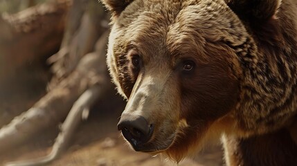 Fototapeta premium A close-up shot of a brown bear's face showcasing its keen eyes and detailed fur texture in a natural habitat setting.