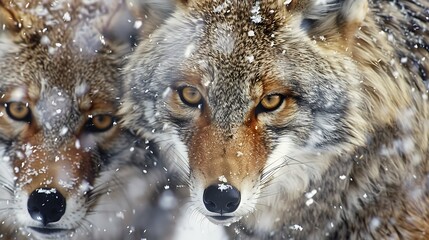 Fototapeta premium Two close-up foxes with wintry snowflakes caught in their fur staring intently at the viewer