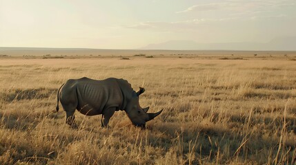 Obraz premium A solitary rhinoceros grazes in a vast savanna during golden hour, embodying the serenity of wild nature. 