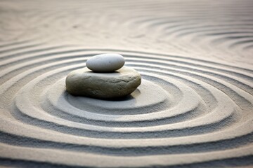 Zen stones in the sand, streaks of sand, circular waves