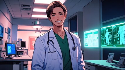 A young doctor doing night shift at a modern hospital with high-end medical equipment.