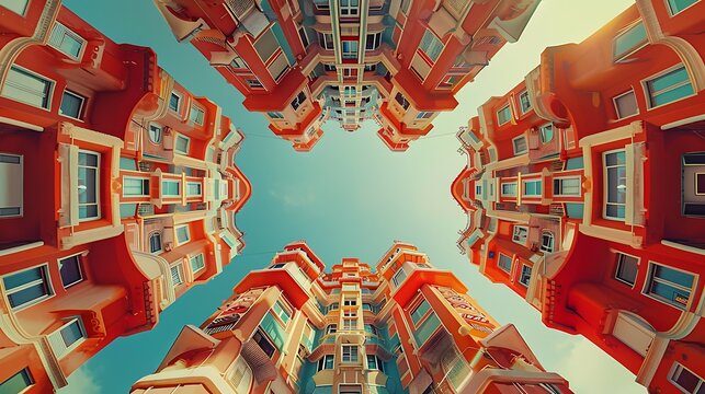 A surreal view of towering apartment buildings converging towards the sky with a vibrant color palette and fish-eye lens distortion, symbolizing urban density and architectural dynamics. 