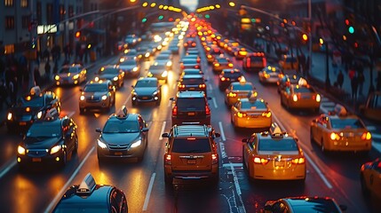 A bustling city street at dusk with a vibrant display of vehicle lights and traffic flow captured in a shallow depth of field. 