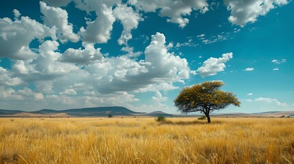 Fototapeta premium A lone tree stands majestically in a vast, golden savannah under a picturesque sky dotted with fluffy clouds.
