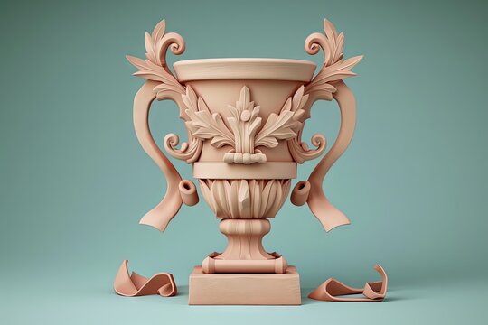 A detailed 3D clay icon of a prestigious trophy adorned with a ribbon, featuring intricate textures and lifelike details that symbolize achievement and recognition