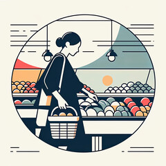 A stylized illustration of a woman shopping for fresh produce in a grocery store, depicted with simple lines and geometric shapes in a soft colour palette.