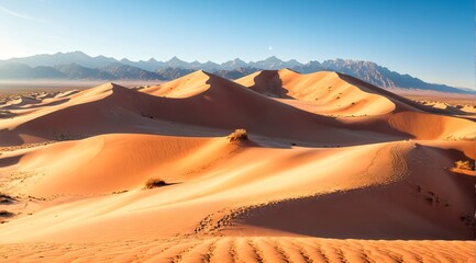 Fototapeta na wymiar Desert Landscape with Rugged Mountains in the Distance. Dune. Sand. Landscape. Blue Sky. Nature. 2