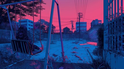 A girl is sitting on a swing in a park. The sky is pink and purple, and the park is empty