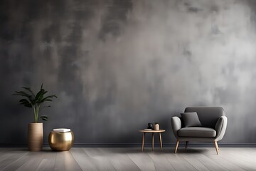 Living room in dark gray and beige, Minimalist style with empty black microcement wall, beige taupe ivory accent chair, golden lamp, modern reception lounge, 3D render