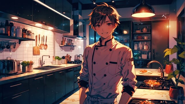 A young professional chef working in an exquisite kitchen. Anime style with beautiful lighting.