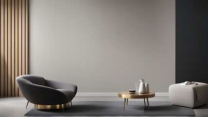 Living room in dark gray and beige, Minimalist style with empty black microcement wall, beige taupe ivory accent chair, golden lamp, modern reception lounge, 3D render