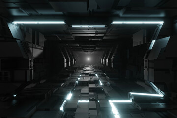 Sci-fi tunnel with glowing neon light, graphic for technology concept, 3D rendering.