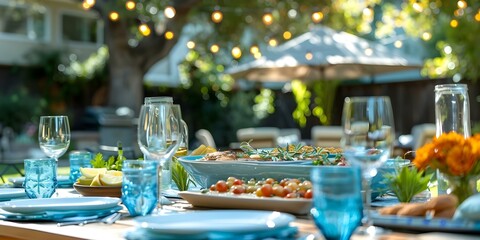 Backyard dinner party serving farmfresh food shared with friends and family. Concept Farm-to-Table Dining, Backyard Gathering, Locally Sourced Cuisine, Socializing Outdoors, Casual Dinner Party