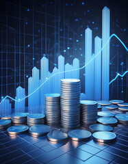 3D coin background with a blue finance graph and investment bar, showcasing growth