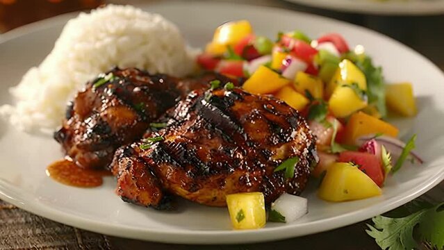 A fusion of flavors with a Caribbeaninspired jerk chicken dish accompanied by a tropical fruit salsa and coconut rice.