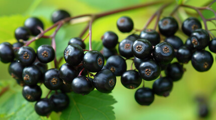 A detailed view of elderberries on a branch, highlighting their dark purple color and small size.