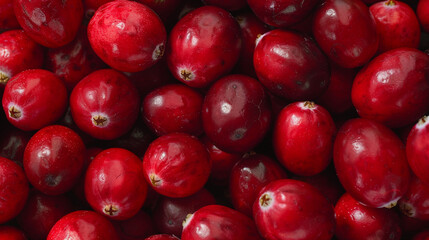 A close-up of bright red cranberries with a glossy finish, arranged in a bowl.