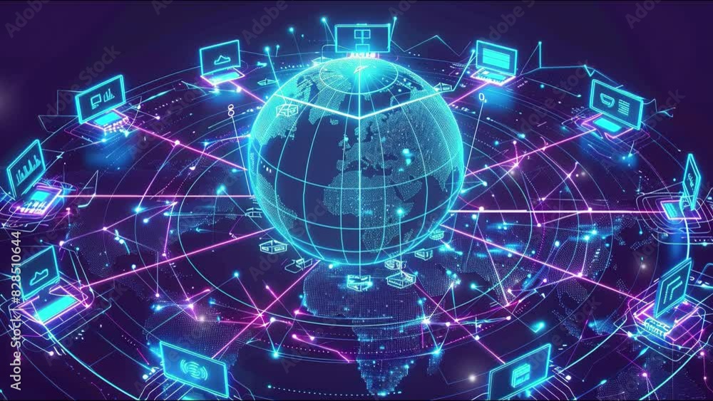 Poster global connection concept. representation of the globe surrounded by technology icons. global social