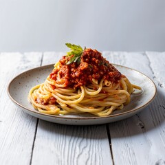 Italian Spaghetti noodles with sauce bolognese in a plate, on a table closeup, Italian food