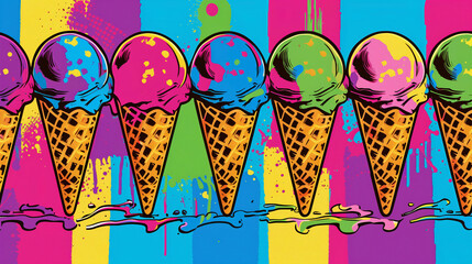 Bright, drippy ice cream cones in a dynamic pop art style