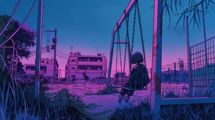 A boy is sitting on a swing in a desolate area. The sky is a deep purple color, and the swing is chained to a metal post. Scene is somber and lonely