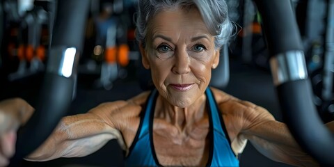 Obraz premium Elderly woman in gym showcasing strength and fitness. Concept Health & Fitness, Elderly, Gym Photoshoot, Strength Training, Active Aging