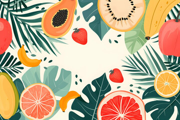 Hand-Drawn Tropical Fruits and Leaves Background in Minimalistic Vector Style