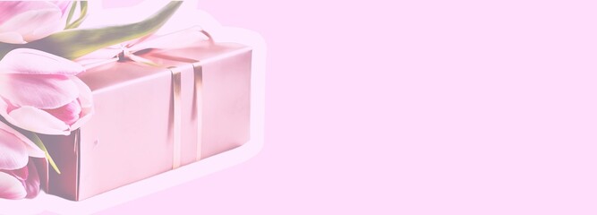 Pink tulips and a pink gift box against a pastel pink background. Concept: spring, beauty, gift-giving. For floral shops, greeting cards, celebration campaigns, Mother's Day, weddings, Easter