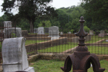 Graveyard scene with lush grass and trees