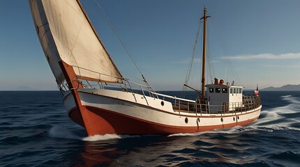 Fototapeta premium shows a large old-time sailing ship with the sails unfurled,