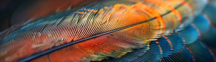 A feather with a red and blue pattern
