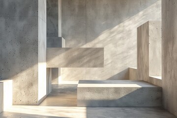 Abstract of architecture space with rhythm of concrete block with sun light cast shadow on the wall. 3D render. 