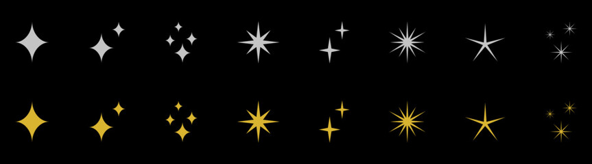Collection of silver and golden sparkle stars for holidays isolated on background - Set of cool sparkling stars with shiny effect for elegant card decorations - Vector icons of silver and gold sparkle