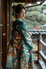 Fototapeta premium A woman wearing a kimono standing in a traditional Japanese house