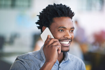 Happy black man, agent and communication with phone call for friendly discussion, chat or proposal...