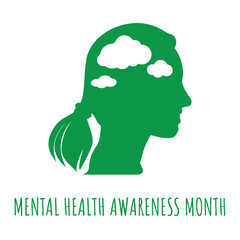 Vector May Mental Health Awareness Month icon with a profile of human woman's head and a cloud icon