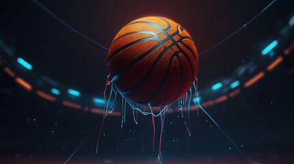 Obraz premium basketball on a basketball court with the net in the foreground