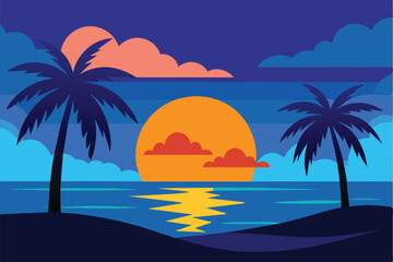 Evening on the beach with palm trees. An evening on the beach with palm trees. Colorful picture for rest. Blue palm trees at sunset. Orange sunset in the blue sky